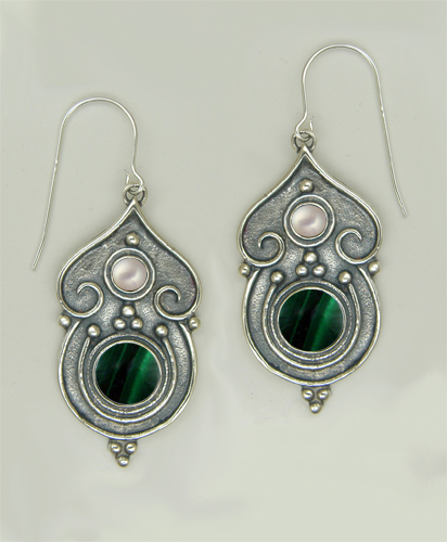 Sterling Silver Gothic Inspired Drop Dangle Earrings With Malachite And Cultured Freshwater Pearl